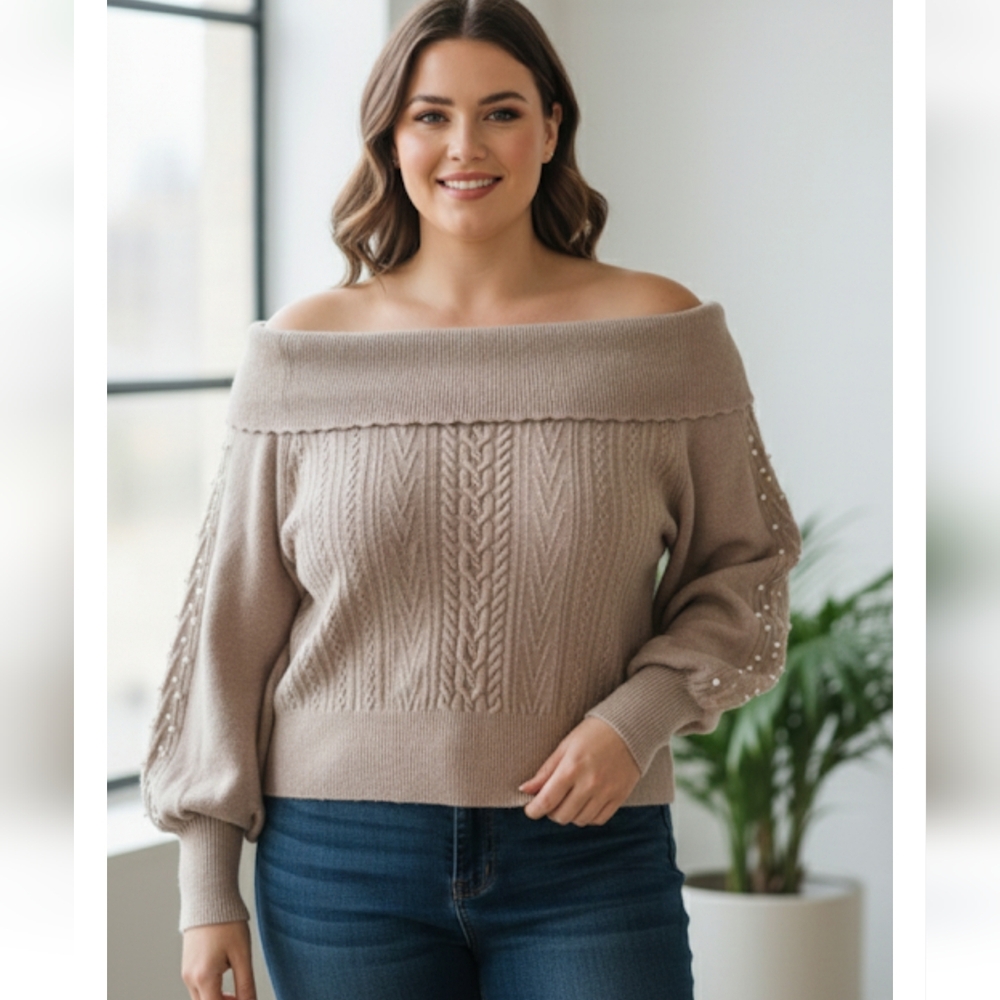 NWT Design History Taupe Cable Knit Pearl Sweater 4X